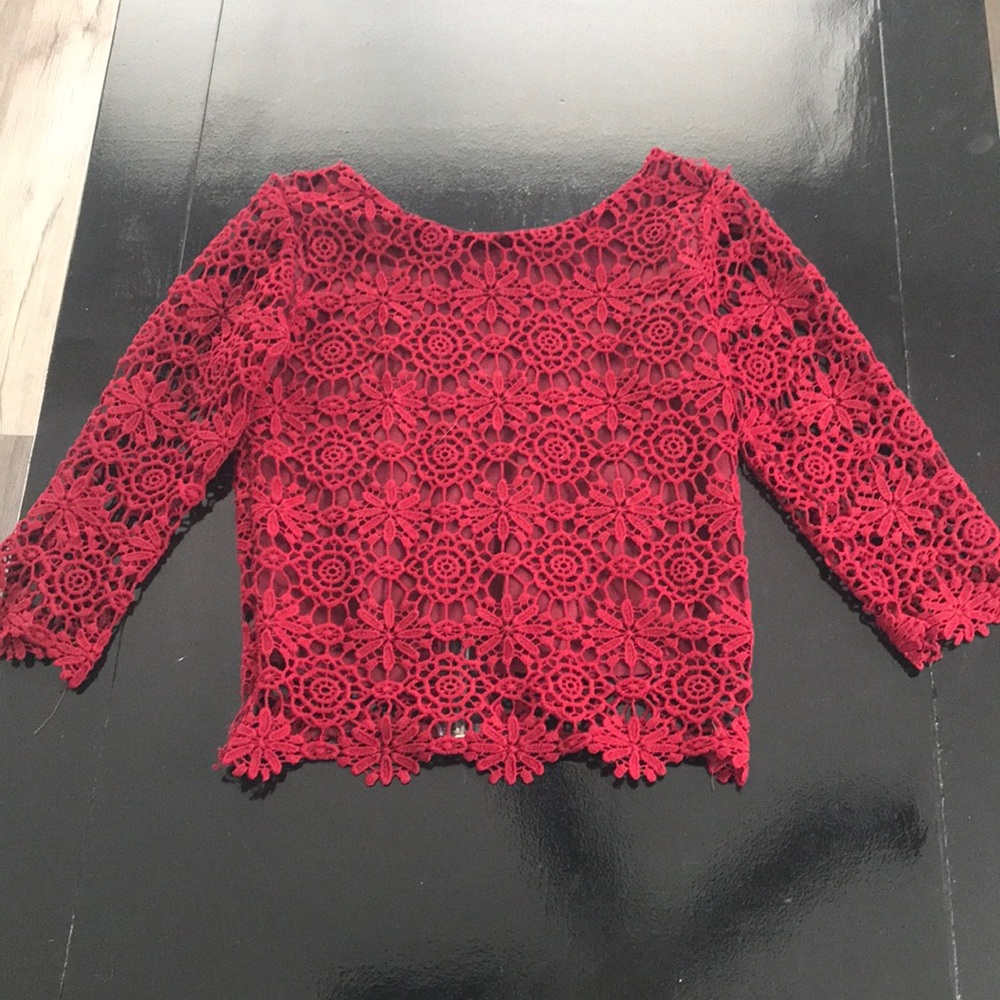 Women's Red Crochet Lace Blouse with Floral Motif